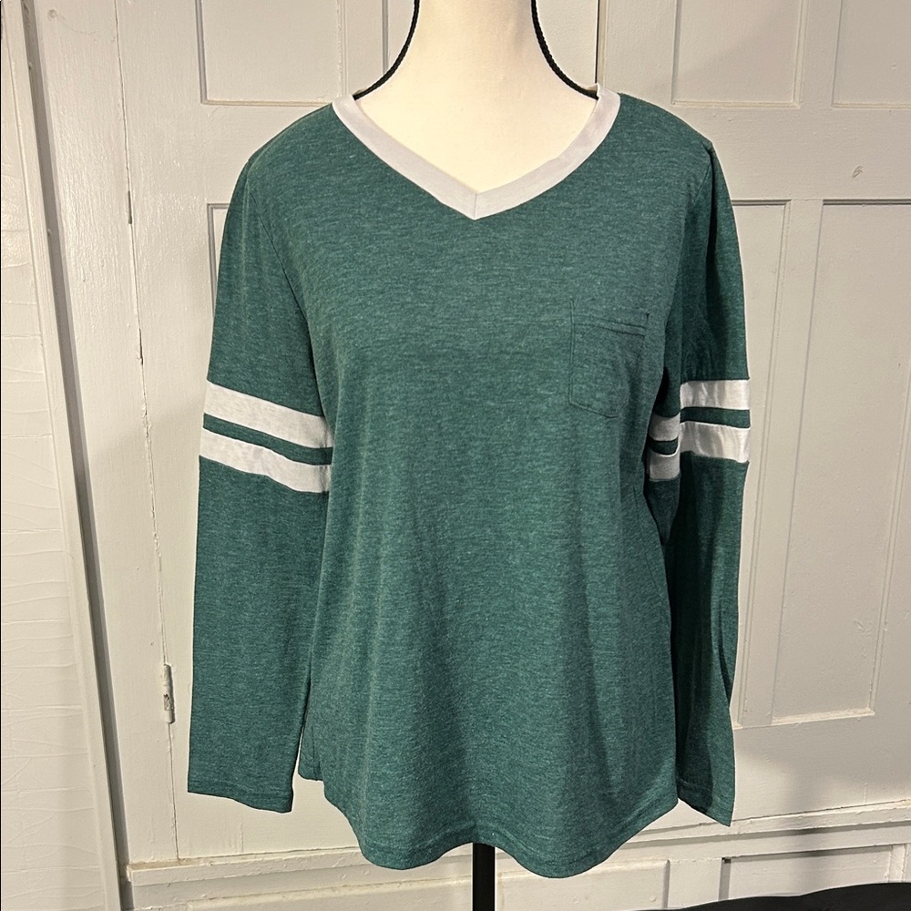 Heather Green V-Neck Long Sleeve Top with White Stripes